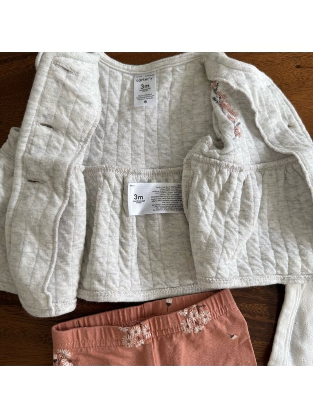 Carter’s Baby Embroidered Vest, White Bodysuit, Floral Leggings Set size 3M - Picture 6 of 6